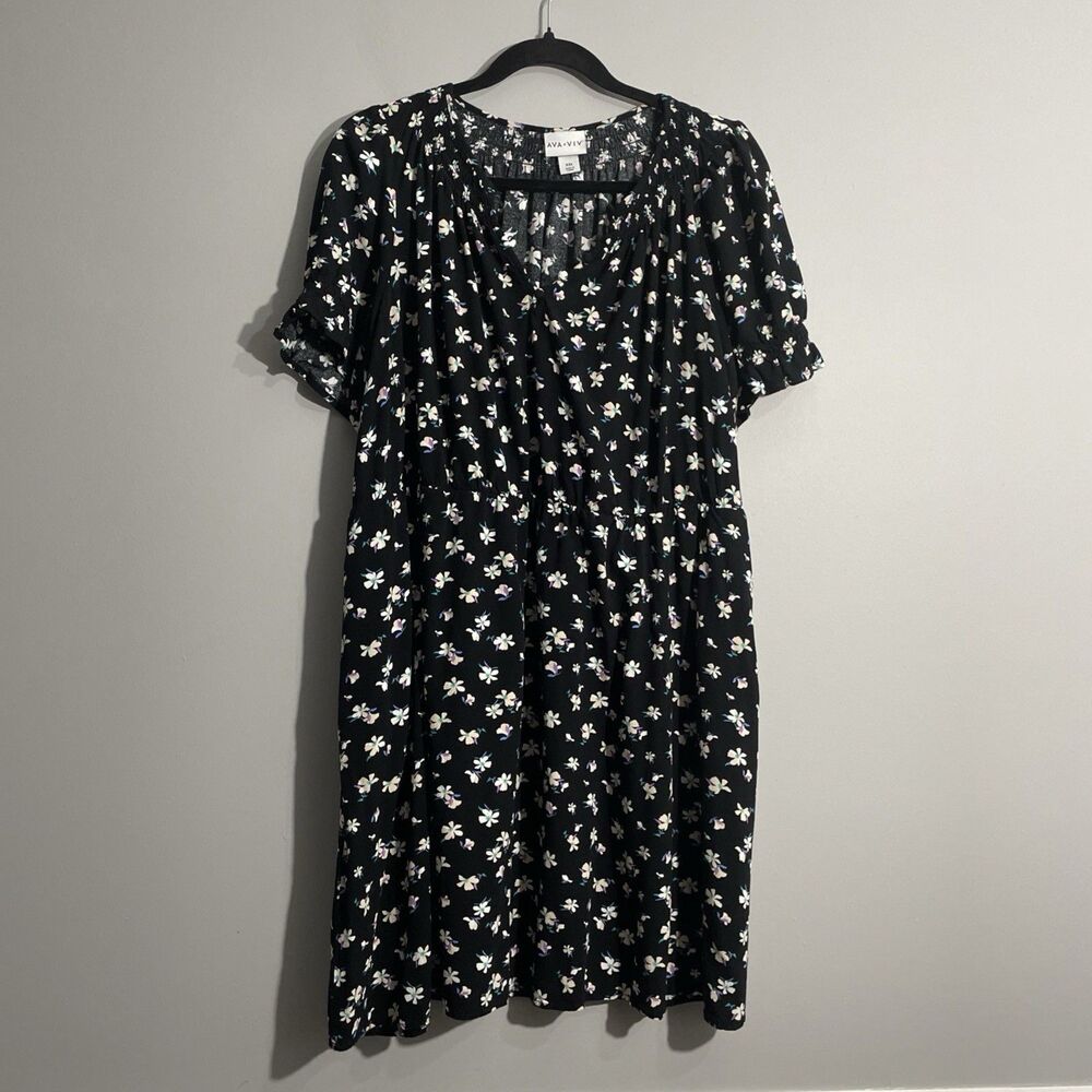 Ava & Viv XXL Black Floral Dress Short Sleeve Knee Length Plus w Pockets